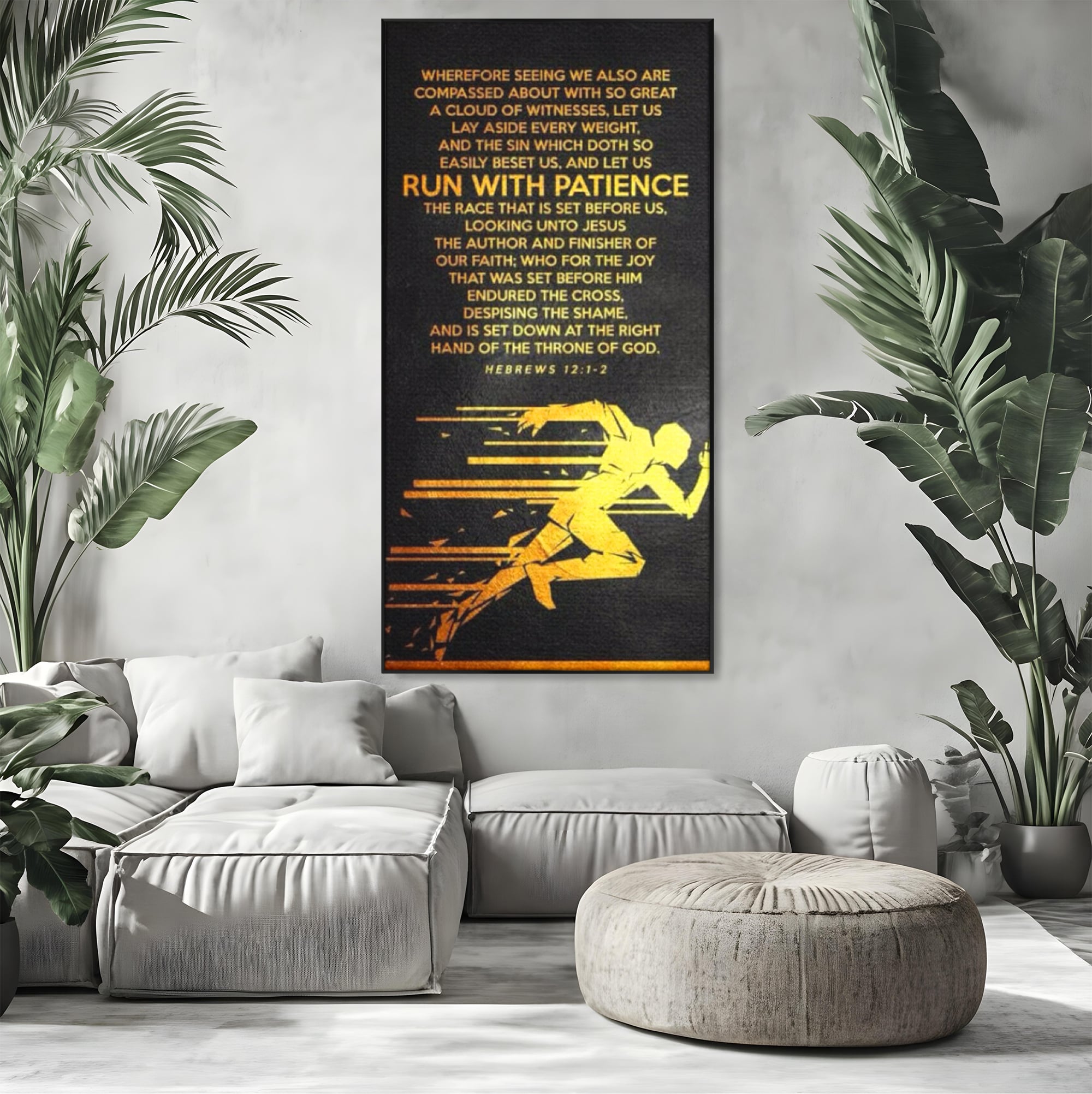 Tablou canvas cu tablou canvas cu alergator si verset biblic, in rama de aluminiu negru, pe perete intr-un living